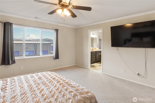 unfurnished bedroom featuring light carpet, connected bathroom, crown molding, and ceiling fan