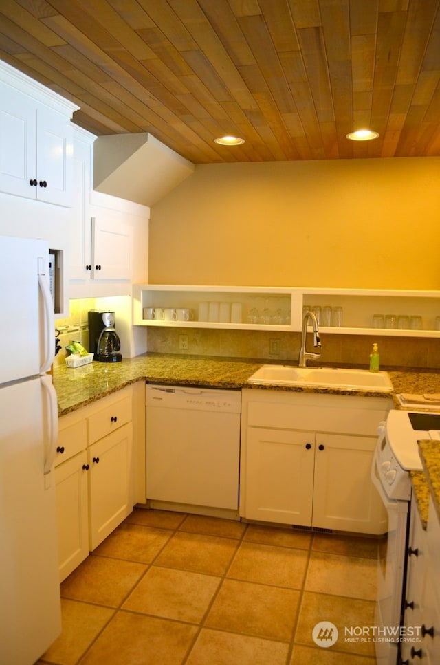 kitchen featuring white cabinetry, wood ceiling, and white appliances