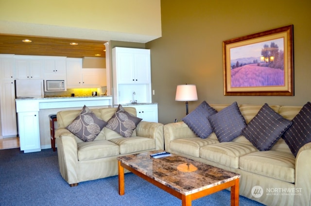 living room with sink and dark carpet