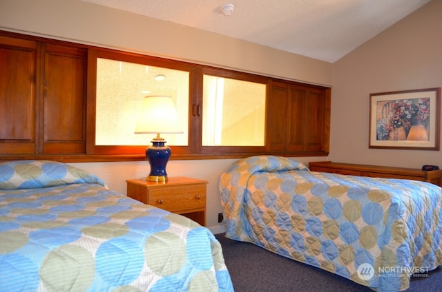 bedroom featuring carpet and vaulted ceiling