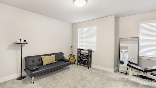 sitting room with a wealth of natural light and light colored carpet