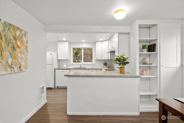 kitchen with dark hardwood / wood-style floors, kitchen peninsula, sink, white appliances, and white cabinets