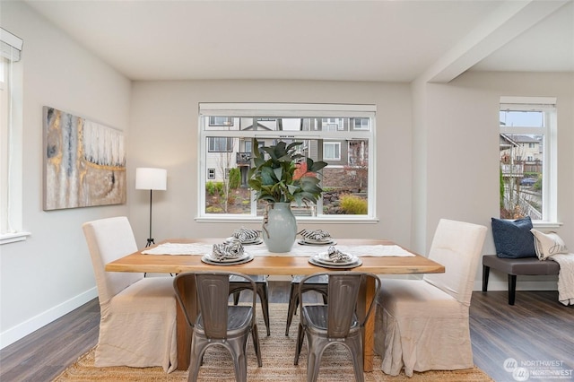 dining space with dark hardwood / wood-style flooring