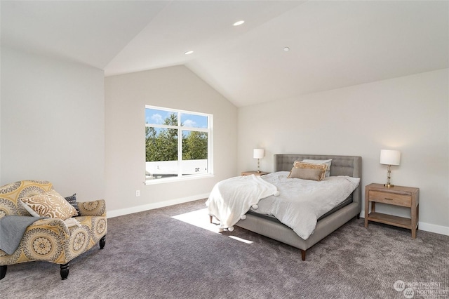 bedroom featuring carpet floors and lofted ceiling