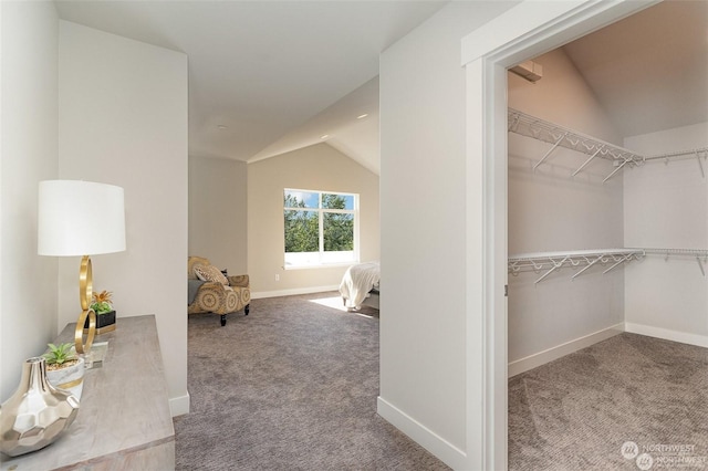 corridor with carpet floors and lofted ceiling