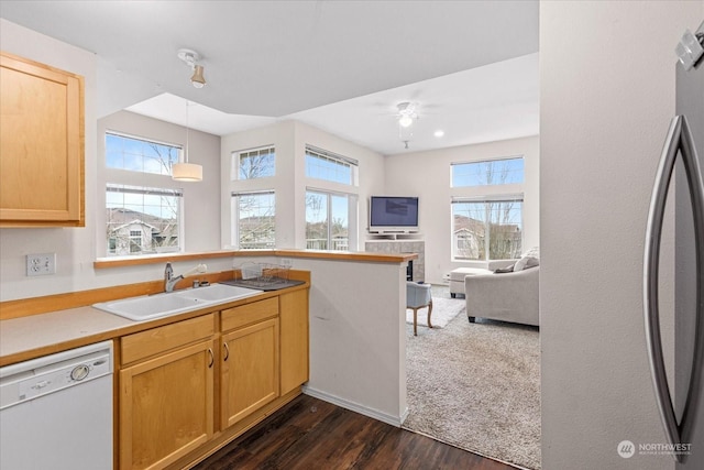 kitchen featuring dark hardwood / wood-style flooring, white dishwasher, a wealth of natural light, pendant lighting, and sink