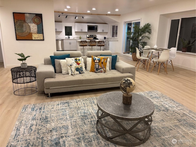 living room with light hardwood / wood-style floors and rail lighting