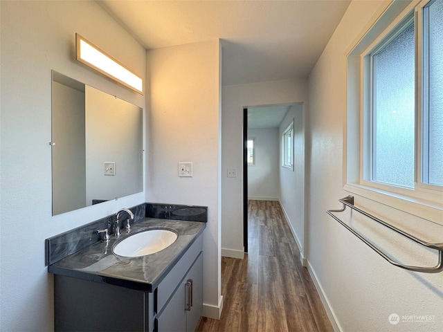 bathroom featuring a healthy amount of sunlight, hardwood / wood-style floors, and vanity