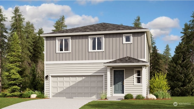 view of property with a garage and a front yard