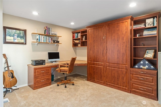 home office featuring light carpet