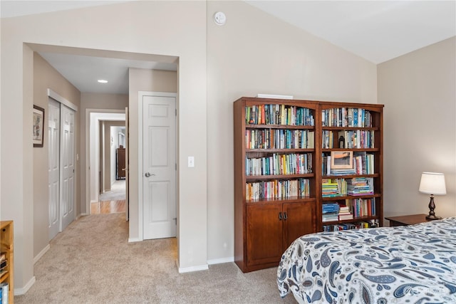 carpeted bedroom with lofted ceiling and a closet