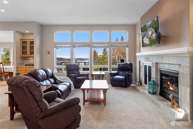 living room with a premium fireplace and light carpet