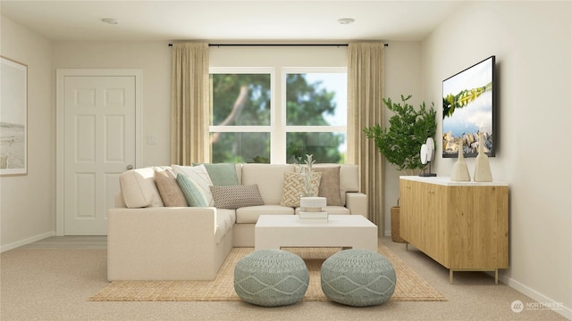 living area with light colored carpet