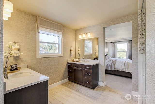 bathroom with hardwood / wood-style flooring and vanity