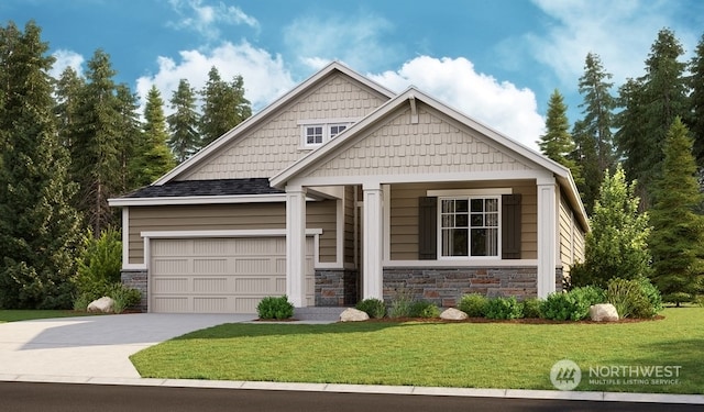 craftsman-style home featuring a garage and a front lawn