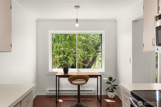 750 Crockett St Unit 403, Seattle, WA 98109 - home office with a baseboard heating unit, crown molding, and dark wood-style flooring