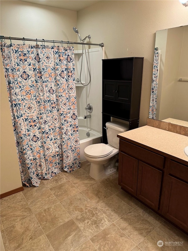 full bathroom with toilet, vanity, and shower / tub combo with curtain