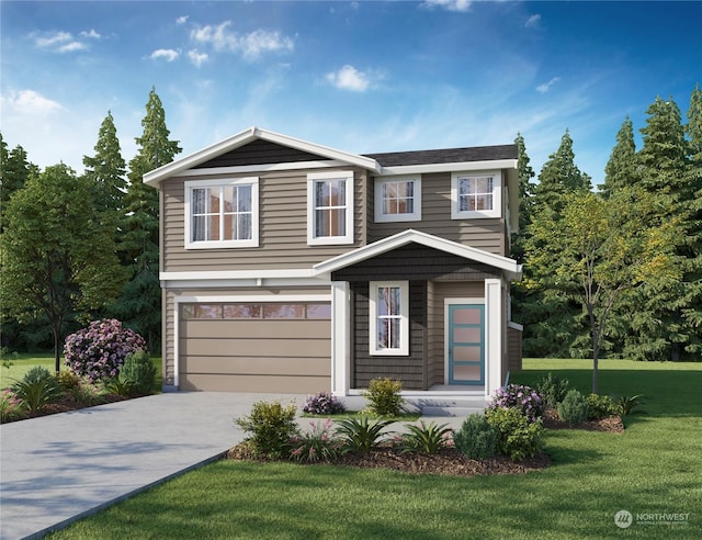 view of front of house with a front yard and a garage