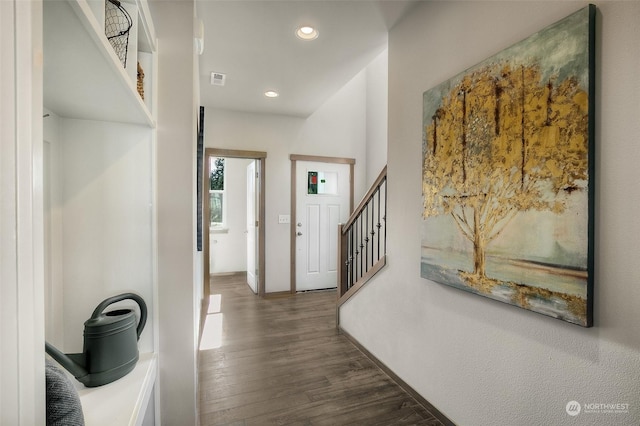 entryway with dark hardwood / wood-style floors