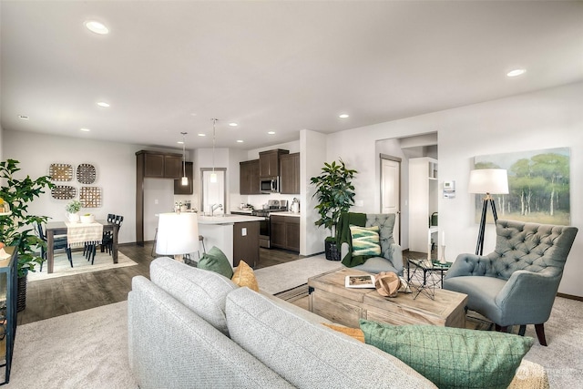 living room with dark hardwood / wood-style floors