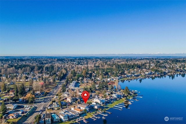 drone / aerial view with a water view