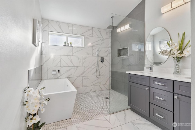 bathroom with vanity and plus walk in shower