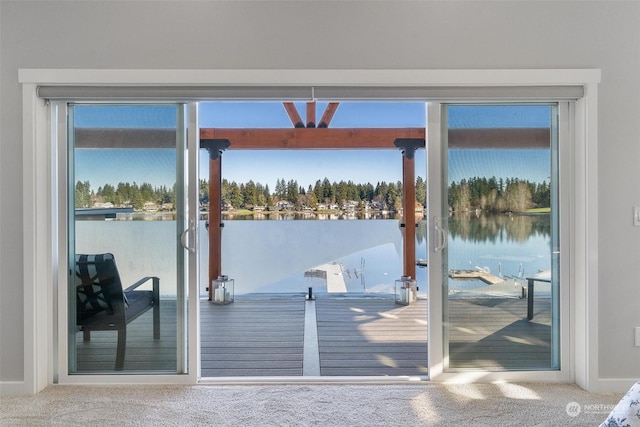 entryway featuring a water view and carpet floors