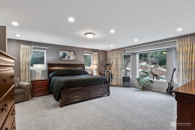 bedroom with light colored carpet