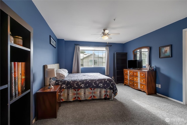 bedroom with ceiling fan and carpet floors