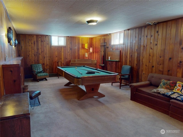 recreation room featuring light carpet, pool table, and plenty of natural light