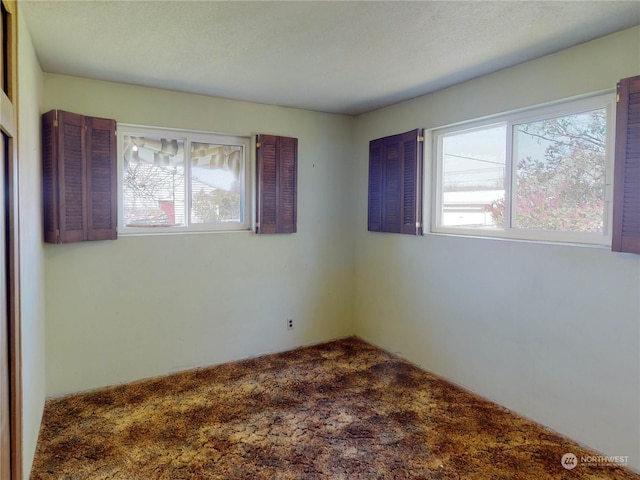 empty room with a textured ceiling and carpet flooring