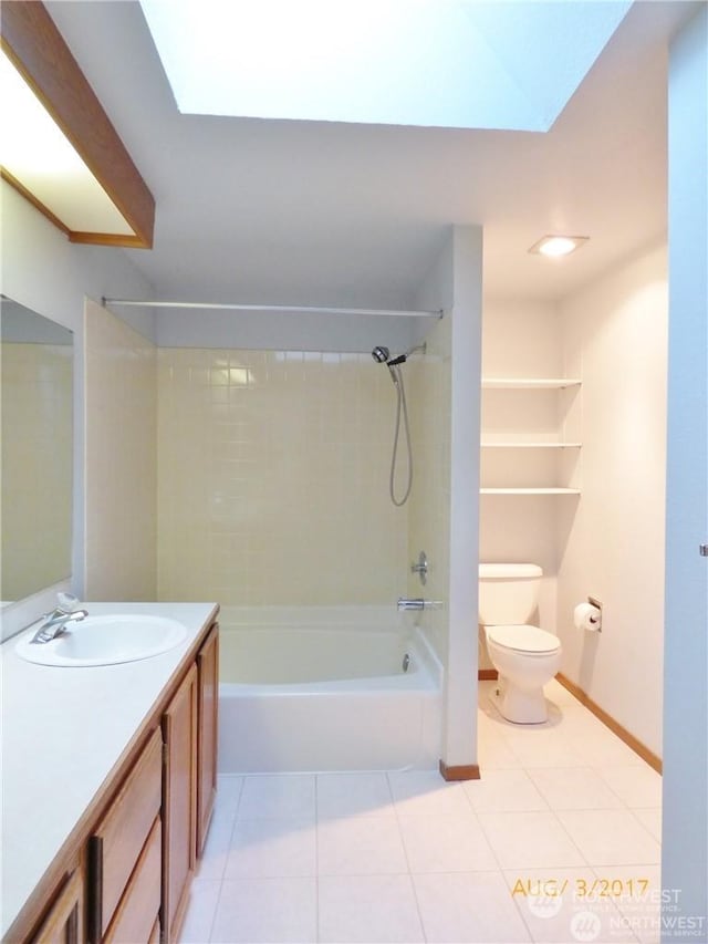 full bathroom with toilet, vanity, tiled shower / bath, and tile patterned flooring