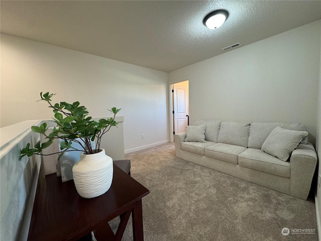 living room featuring a textured ceiling and carpet flooring