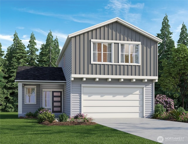 view of front of house featuring roof with shingles, board and batten siding, a garage, driveway, and a front lawn