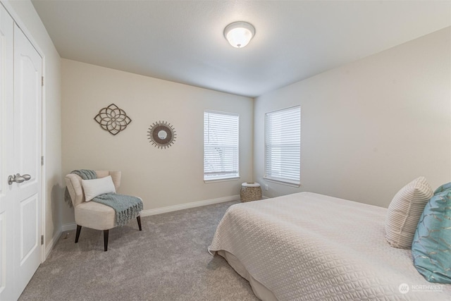 bedroom with light colored carpet