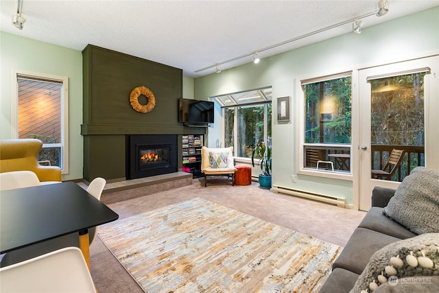 carpeted living room featuring a baseboard radiator, a textured ceiling, rail lighting, and a fireplace