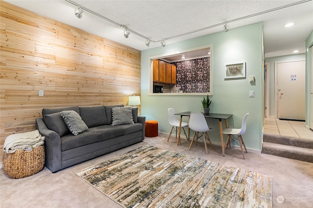 carpeted living room with wood walls, a textured ceiling, and rail lighting