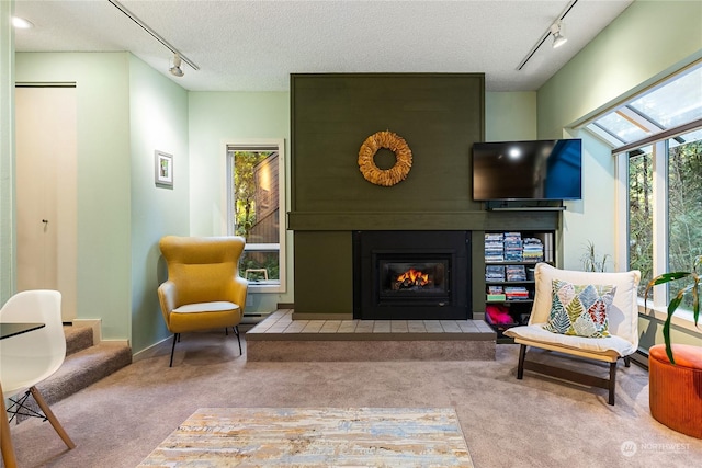 sitting room featuring a textured ceiling, track lighting, a large fireplace, and light colored carpet