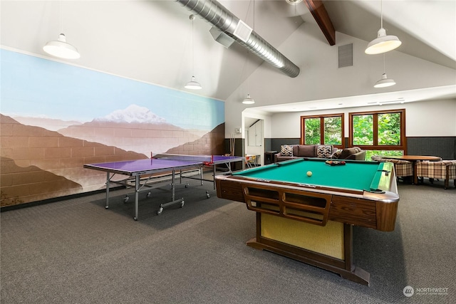 playroom with beam ceiling, dark colored carpet, pool table, and high vaulted ceiling