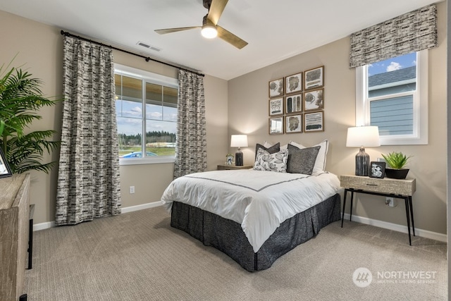 bedroom featuring ceiling fan and carpet flooring