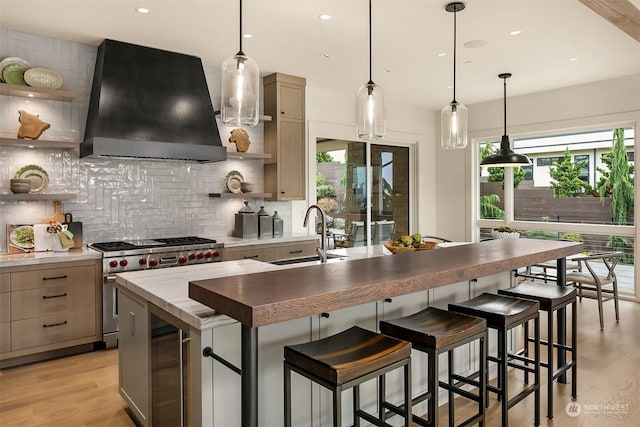 kitchen featuring sink, high end stainless steel range oven, premium range hood, a kitchen island with sink, and decorative backsplash