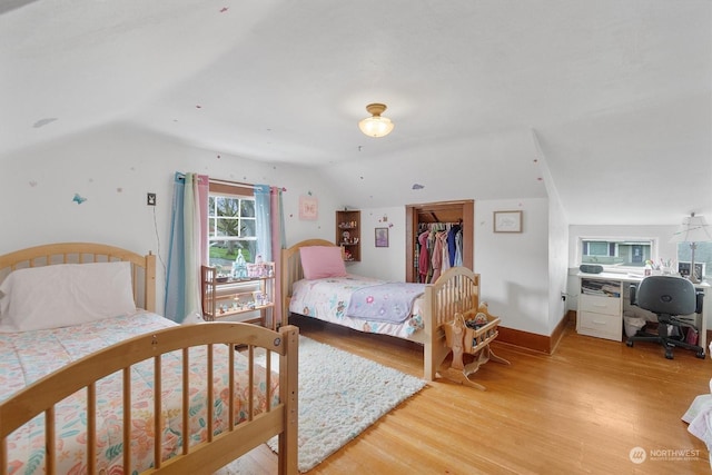 bedroom with hardwood / wood-style flooring, a spacious closet, a closet, and vaulted ceiling