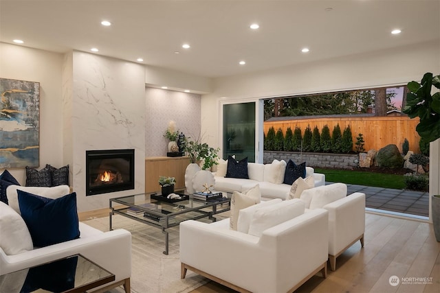 living room featuring a fireplace and light wood-type flooring