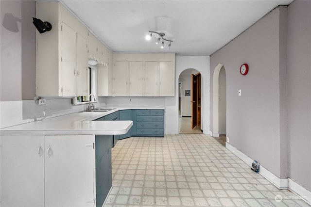 kitchen with white cabinets, kitchen peninsula, blue cabinets, and sink