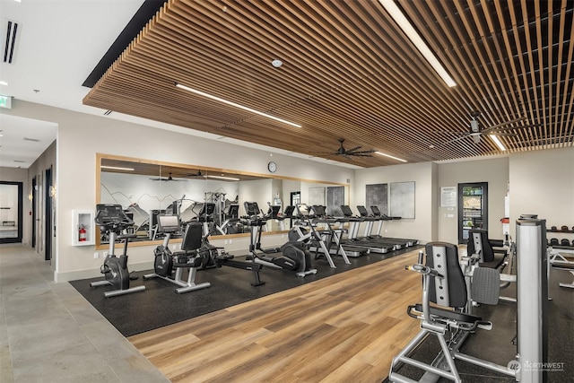 exercise room with ceiling fan, hardwood / wood-style flooring, and wood ceiling