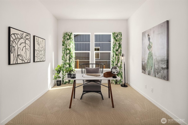 carpeted home office with baseboards