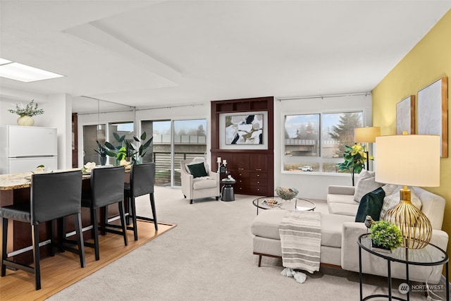 living room with light colored carpet and a skylight