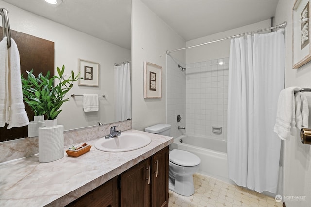 full bathroom featuring toilet, shower / bath combination with curtain, and vanity