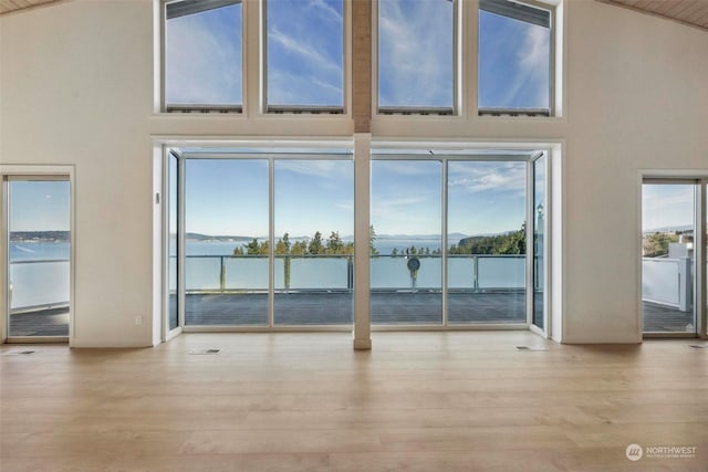 interior space featuring a water view