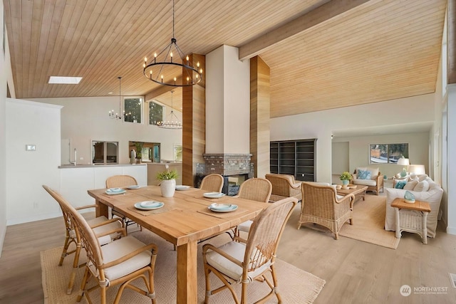 dining space with wooden ceiling, high vaulted ceiling, light wood-type flooring, and a notable chandelier